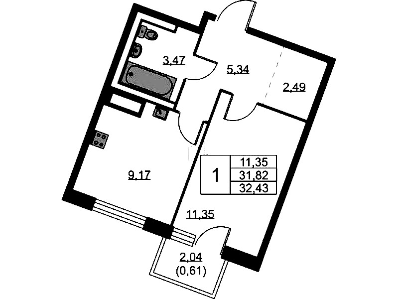 1-комнатная квартира 32.43 м², 6/9 эт., ЖК «Квартал Лаголово»